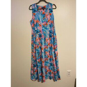 D&Co Beach Sleeveless Maxi Dress LT Vibrant Floral Print Cotton Rayon Blend